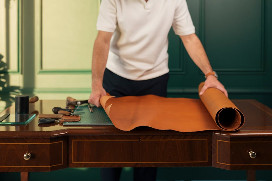 Artisan preparing leather on workbench with crafting tools in workshop.